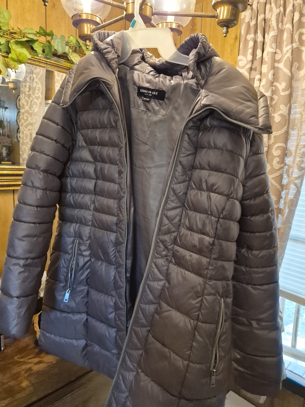Kenneth Cole Charcoal Gray Quilted Hooded Puffer Coat